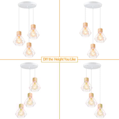 3 Lights Chandelier Industrial Pendant Light in Diamond Shade Metal and Wood Design Ceiling Lamp for Living Room Kitchen Bedroom White