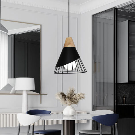 Chandelier Pendant Lamp Vintage Retro Cage Badminton Shape in Metal and Wood E27 25cm Ceiling Light Fixture Black (1/5)