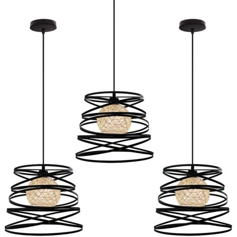 3 Pack Suspension Luminaire Fer Abat-jour Forme de Ressort 30cm Plafonnier Lustre E27 40W Noir (1/5)