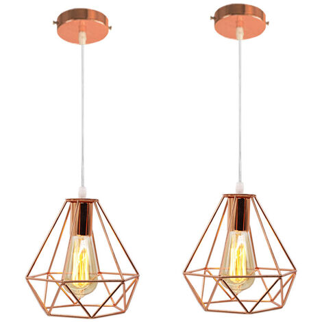 2pcs Modern Pendant Light Ø20cm Diamond Cage Chanderlier Rose Gold Metal Lampshade Hanging Ceiling Lamp