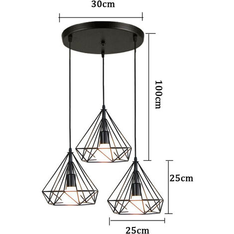 Modern Chandelier Retro Industrial Pendant Light Diamond Metal Shade 3 Lights Nostalgic Ceiling Light Vintage Pendant Lamp Black