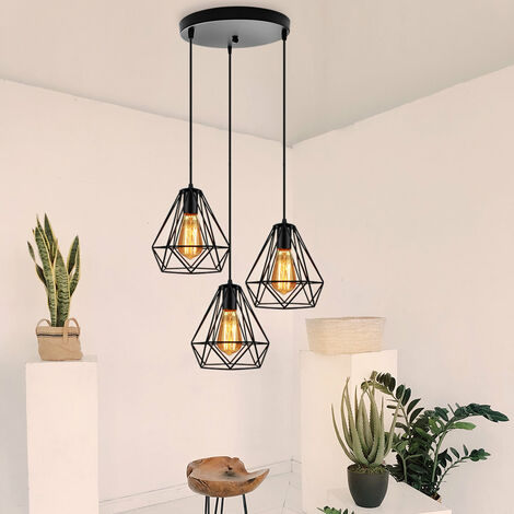 Vintage Pendant Light and Chandelier 3 Lights Spiral Metal Hanging Ceiling Lamp with Ø20cm Diamond Cage Lampshade for Kitchen Island Black