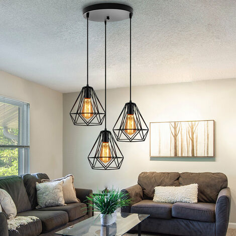 Vintage Pendant Light and Chandelier 3 Lights Spiral Metal Hanging Ceiling Lamp with Ø20cm Diamond Cage Lampshade for Kitchen Island Black