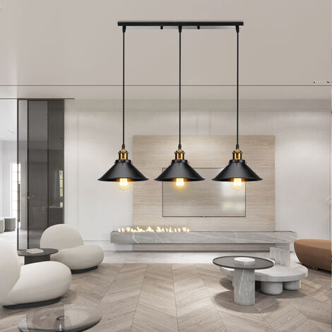 Industrial Pendant Light, Vintage 3 Lights Hanging Light, Metal Chandelier with Ø22 cm Lampshade for Kitchen Island Dining Room (Black)