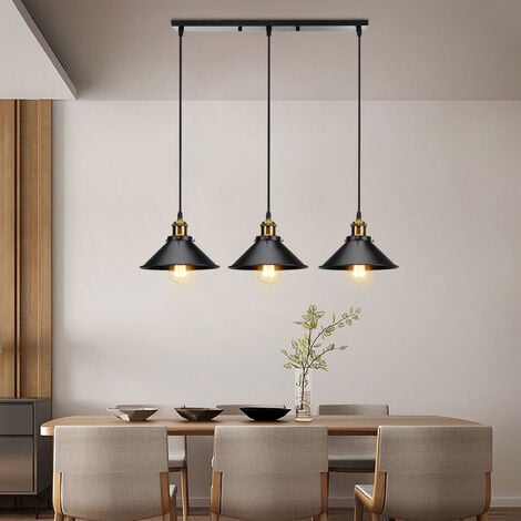Industrial Pendant Light, Vintage 3 Lights Hanging Light, Metal Chandelier with Ø22 cm Lampshade for Kitchen Island Dining Room (Black)
