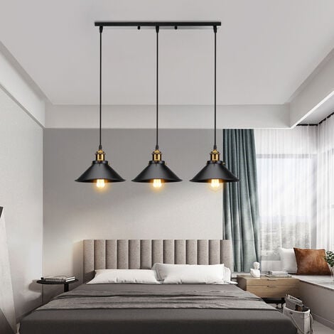 Industrial Pendant Light, Vintage 3 Lights Hanging Light, Metal Chandelier with Ø22 cm Lampshade for Kitchen Island Dining Room (Black)
