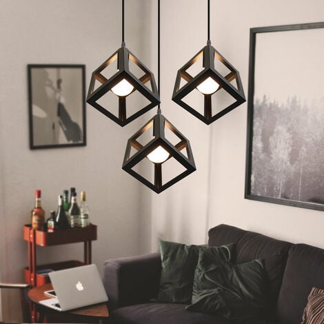 Creative Square Pendant Light Modern 3 Lights Spiral Metal Geometric Hanging Ceiling Lamp Cube Cage Chandelier Fixture (Black)