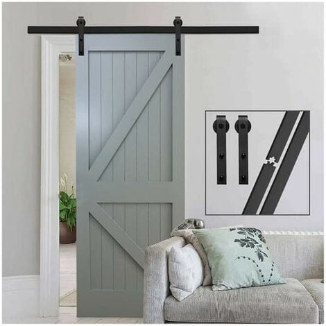 Sliding Door Track for Single Door, Stainless Steel Sliding Wood Door Hardware Closet Kit, Carbon Steel Flat Track System Heavy Duty (Black) 7.5FT