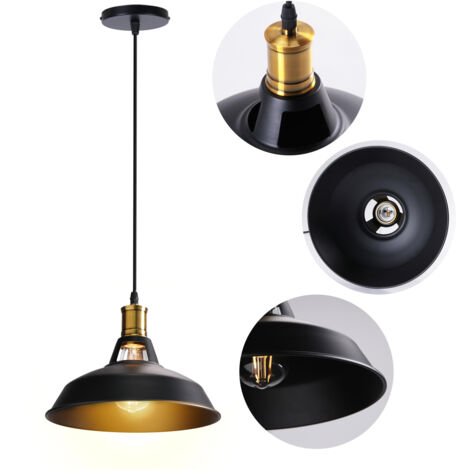 Vintage Pendant Light, Antuique Hanging Light with Dome Metal Lampshade, Retro Industrial Chandelier for Kitchen Island Ø27cm Black, 1PCS