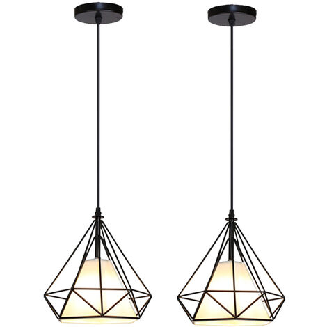 2pcs Vintage Pendant Light, Industrial Metal Iron Hanging Ceiling Lamp Chandelier with Ø20cm Diamond Cage Lampshade (Black)