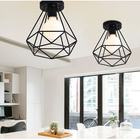 2X Ceiling Lighting Fitting Vintage, Ø20cm Diamond Metal Ceiling Lamp, Industrial Chandelier with Lampshade for Living Room Hallway (Black)