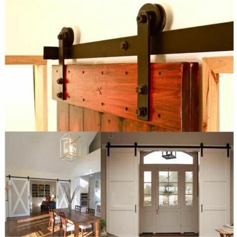Sliding Door Track, Stainless Steel Sliding Wood Door Hardware Closet Kit for Single Door Heavy Duty (Black) 7.5FT