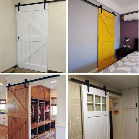 Sliding Door Track, Stainless Steel Sliding Wood Door Hardware Closet Kit for Single Door Heavy Duty (Black) 7.5FT