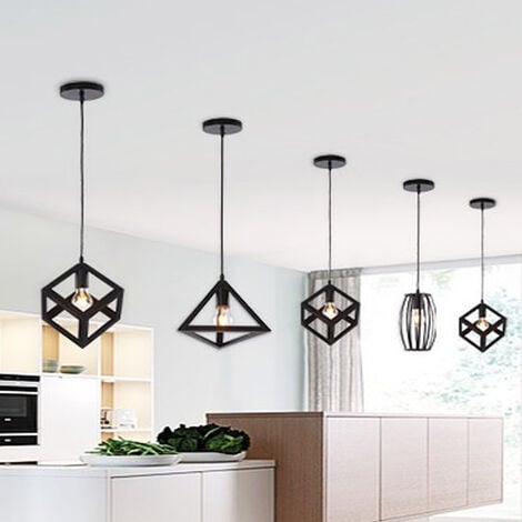 3pcs Pendant Lighting Fitting, Vintage Industial Metal Hanging Ceiling Lamp Goemetric Cube Triangle Drum Chandelier Fixture with Cage Lampshade for Kitchen Island Living Room (Black)