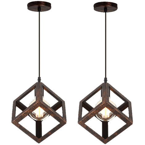 2x Creative Square Pendant Light Color Rust Metal Iron Cage Pendant Lamp Modern Geometric Hanging Lamp Retro Modern Ceiling Light