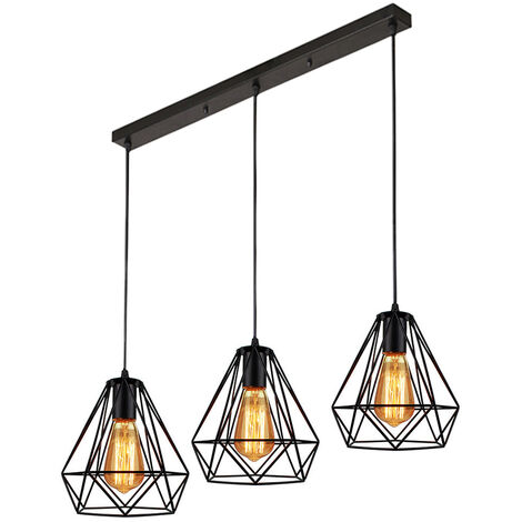 Retro Pendant Lighting Fitting Black, Vintage Hanging Ceiling Light 3 Lights Spiral Metal Chandelier with Ø20cm Diamond Cage - Rectangular Base