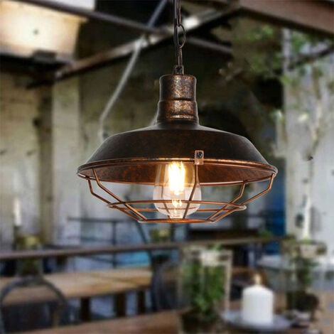 Pendant Lighging Fixture, Vintage Industrial Hanging Ceiling Lamp, Metal Chandelier with Cage Lampshade Edison Bulb Base for Bedroom Kitchen Island Loft - Ø26cm (Rust)