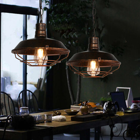Pendant Lighging Fixture, Vintage Industrial Hanging Ceiling Lamp, Metal Chandelier with Cage Lampshade Edison Bulb Base for Bedroom Kitchen Island Loft - Ø26cm (Rust)