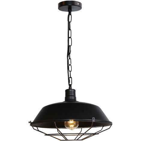 Vintage Pendant Light Fitting, Industrial Metal Hanging Ceiling Lamp, Retro Chandelier with Ø36cm Cage Lamp Shade Fixture for Kitchen Island Loft (Black)