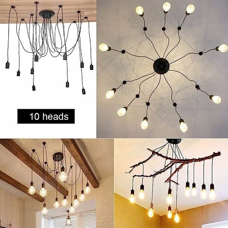 Vintage Pendant Lights Antique Edison Chandelier Retro Industrial 10 Lights Ceiling Spider Lamp E27 for Living Room Kitchen Island (Black/200cm)