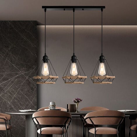 Pendant Lighting Fitting Vintage Black, 3 Light Ø20cm Diamond Hanging Ceiling Lamp with Hemp Rope Industrial Metal Chandelier with Cage Lampshade (Black)