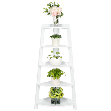 Corner Shelf Ladder, 5 Tier Metal Sector Shape Storage Rack Organizer United, Bookshelf Plant Flower Stand Shelves for Indoor Living Room Bedroom (White)