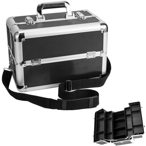 4 Trays Makeup Box Cosmetic Organiser Case Vanity Nail Box with Mirror and Polish Slots, Lockable with Keys & Shoulder Strap, Black & Silver