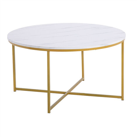 Coffee Table, Modern Round Side Table with Marble Effect Top and Gold Metal Frame for Living Room Office (White)