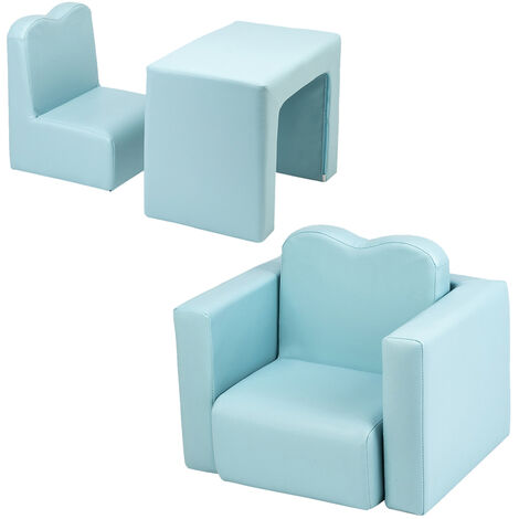 Kids Single Sofa & Table Set, Mini Children Leather Armchair for Girls Boys Bedroom Playroom Furniture (Sky Blue)