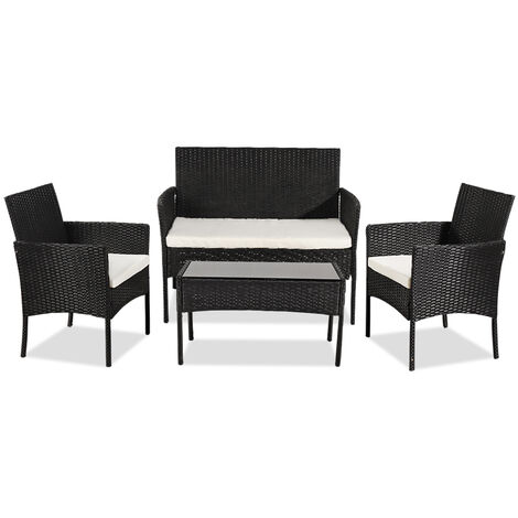 Rattan Sofa Set of 4, 2pcs Armchairs 1pc Love Seat & Tempered Glass Coffee Table Conversation Set with White Cream Cushion for Outdoor Garden Patio Yard Furniture (Black)