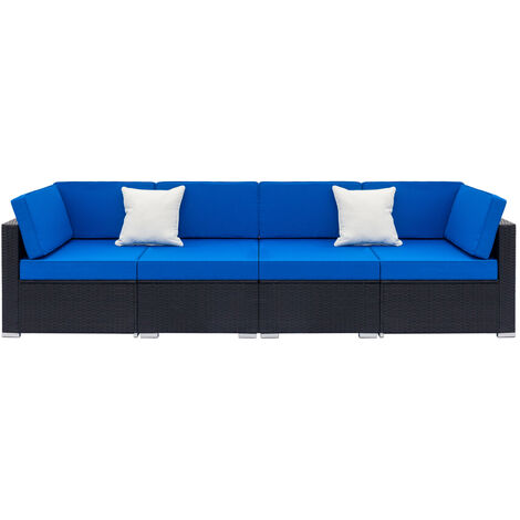 Rattan Corner Sofa Set, L Shape Combination Sofa Bed, 2pcs Corner Couches & 2pcs Single Couches for Living Room Garden Patio Furniture (Blue)