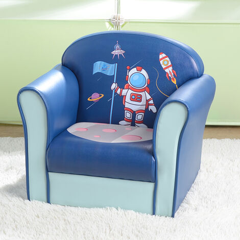 Kids Single Sofa, Mini Children Astronaut Pattern Leather Armchair with Wood Frame for Bedroom Playroom Furniture (Blue)