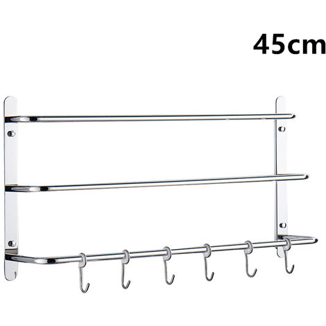 3-Tier Towel Rail with 6 Hooks, Stainless Steel Wall Mounted Towel Holder for Bathroom (45cm / Chrome)