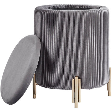 Velvet Round Ottoman Footstool with Metal Frame Modern Pouffe Stool Upholstered Dressing Table Stool Footrest for Living Room Bedroom (Grey)