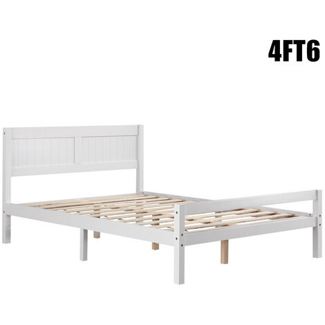 4ft6 Double Solid Wood Bed Frame with Headboard and Footboard for Kids Adults (White)