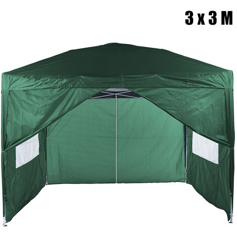 Waterproof Gazebo with 4 Removable Sides, 3 x 3M Portable Heavy Duty 210D Pop UP Canopy Tent for Garden Market Stalls Party Wedding Beach Outdoor (Green)