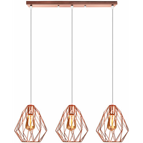 Pendant Lights with Rose Gold Cage, 3 Lights Hanging Ceiling Lamp, Industrial Chandelier with Diamond Lampshade