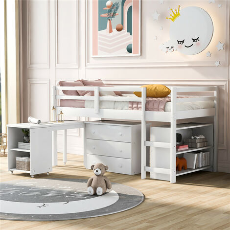 Loft Bed, 3ft Mid Sleeper Wooden Bunk Bed Frame with 3 Drawers & Desk & 4 Storage Shelves for Kids Teens Bedroom Furniture (White)