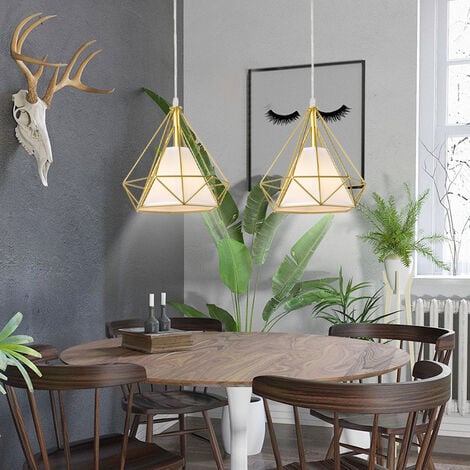 Pendant Light Vintage, Retro Industrial Metal Hanging Ceiling Lamp Chandelier with Ø25cm Diamond Cage Lampshade for Kitchen Island Restaurant Gold 1PCS