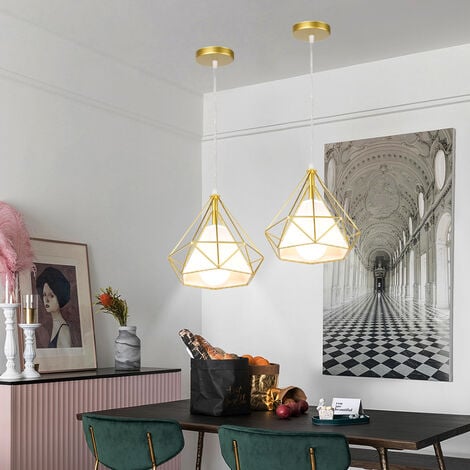 Pendant Light Vintage, Retro Industrial Metal Hanging Ceiling Lamp Chandelier with Ø25cm Diamond Cage Lampshade for Kitchen Island Restaurant Gold 1PCS