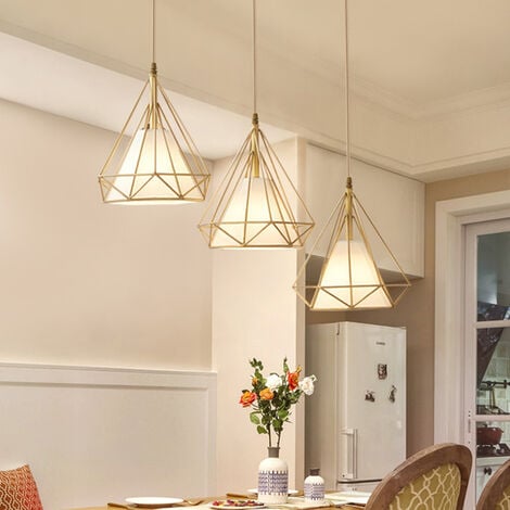Pendant Light Vintage, Retro Industrial Metal Hanging Ceiling Lamp Chandelier with Ø25cm Diamond Cage Lampshade for Kitchen Island Restaurant Gold 1PCS