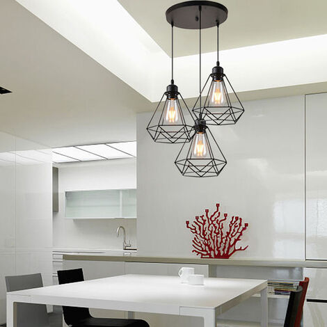 Vintage Diamond Pendant Light Metal Iron Hanging Ceiling Lamp Chandelier with Cage Lampshade for Kitchen Island