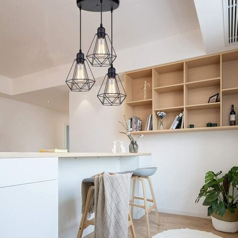 Vintage Diamond Pendant Light Metal Iron Hanging Ceiling Lamp Chandelier with Cage Lampshade for Kitchen Island