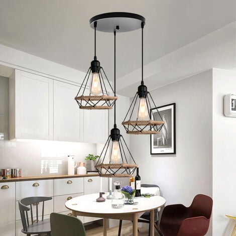 Pendant Lighting Fitting Vintage Black, 3 Light Spiral Ø20cm Diamond Hanging Ceiling Lamp with Hemp Rope Industrial Metal Chandelier with Cage Lampshade (Black)