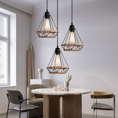 Pendant Lighting Fitting Vintage Black, 3 Light Spiral Ø20cm Diamond Hanging Ceiling Lamp with Hemp Rope Industrial Metal Chandelier with Cage Lampshade (Black)