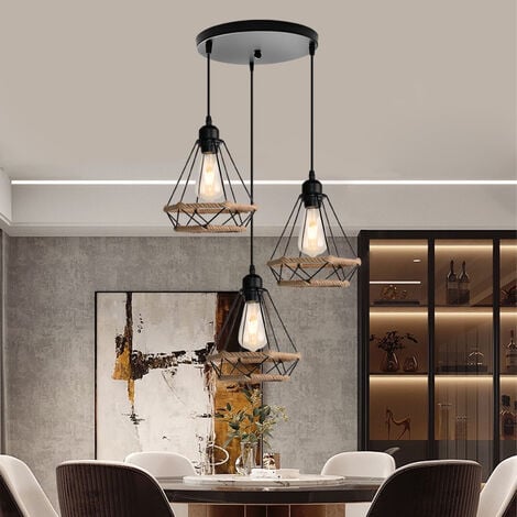 Pendant Lighting Fitting Vintage Black, 3 Light Spiral Ø20cm Diamond Hanging Ceiling Lamp with Hemp Rope Industrial Metal Chandelier with Cage Lampshade (Black)