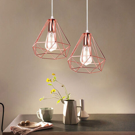 2X Vintage Pendant Light, Diamond Chanderlier, Rose Gold Metal Lampshade Hanging Ceiling Lamp