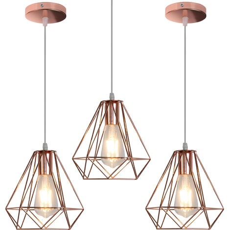 3pcs Modern Pendant Light Diamond Chanderlier, Rose Gold Metal Lampshade Hanging Ceiling Lamp