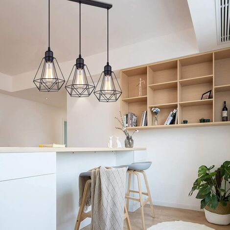Antique Pendant Light, 3 Lights Industrial E27 Hanging Ceiling Lamp Black Metal Iron Ø20cm Diamond Shape Chandelier for Kitchen Island