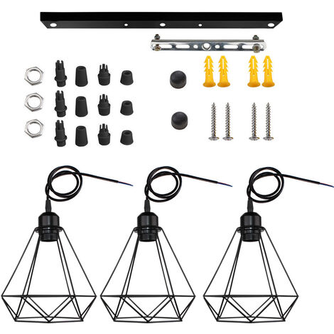 Antique Pendant Light, 3 Lights Industrial E27 Hanging Ceiling Lamp Black Metal Iron Ø20cm Diamond Shape Chandelier for Kitchen Island